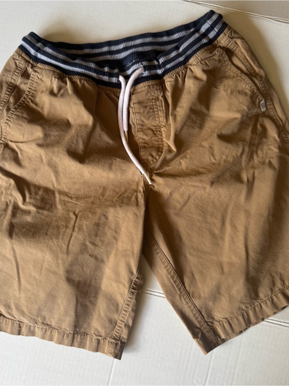 Vans Men's Brown Flat-Front Shorts with Navy & White Striped Waistband
